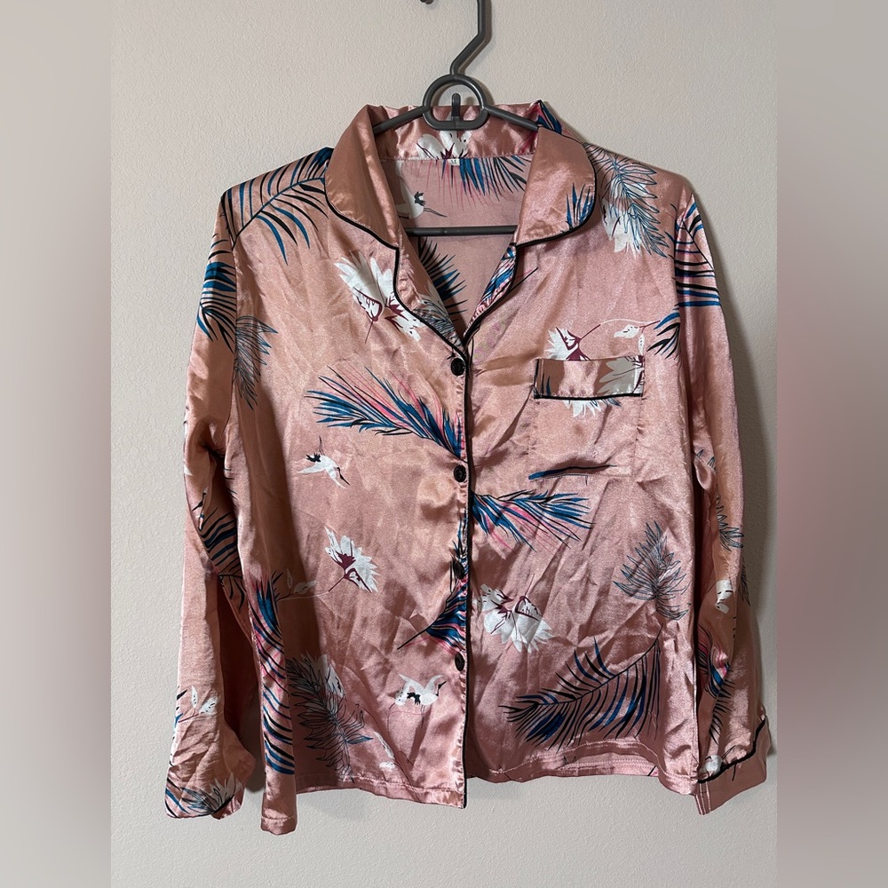 Floral Satin Women's pink blue and yellow pajama set with long pants size medium